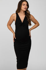 Black Ribbed Twist Front Maternity Midi Dress