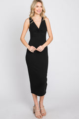 Black Ribbed Twist Front Midi Dress