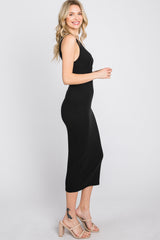 Black Ribbed Twist Front Midi Dress