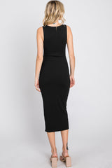 Black Ribbed Twist Front Midi Dress