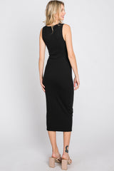 Black Ribbed Twist Front Midi Dress