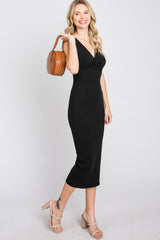 Black Ribbed Twist Front Midi Dress