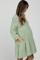 Mint Ruffle Tiered Long Sleeve Maternity Dress