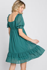 Teal Chiffon Puff Sleeve Ruffle Dress