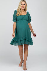 Teal Chiffon Puff Sleeve Ruffle Maternity Dress