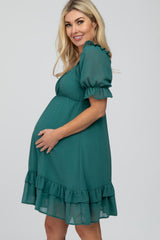 Teal Chiffon Puff Sleeve Ruffle Maternity Dress