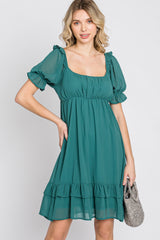 Teal Chiffon Puff Sleeve Ruffle Dress