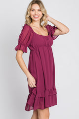 Magenta Chiffon Puff Sleeve Ruffle Dress