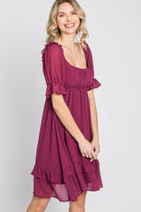 Magenta Chiffon Puff Sleeve Ruffle Dress