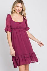 Magenta Chiffon Puff Sleeve Ruffle Dress