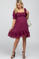 Magenta Chiffon Puff Sleeve Ruffle Maternity Dress