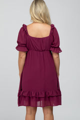 Magenta Chiffon Puff Sleeve Ruffle Maternity Dress