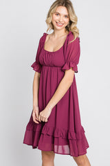 Magenta Chiffon Puff Sleeve Ruffle Maternity Dress