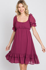 Magenta Chiffon Puff Sleeve Ruffle Dress