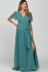 Teal Chiffon Short Sleeve Front Slit Maternity Maxi Dress