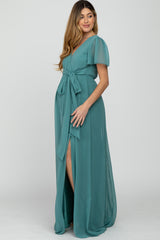 Teal Chiffon Short Sleeve Front Slit Maternity Maxi Dress