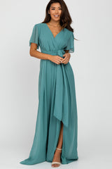 Teal Chiffon Short Sleeve Front Slit Maxi Dress