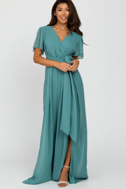 Teal Chiffon Short Sleeve Front Slit Maxi Dress