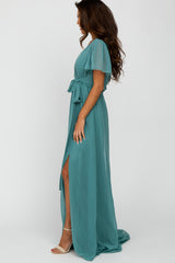 Teal Chiffon Short Sleeve Front Slit Maxi Dress