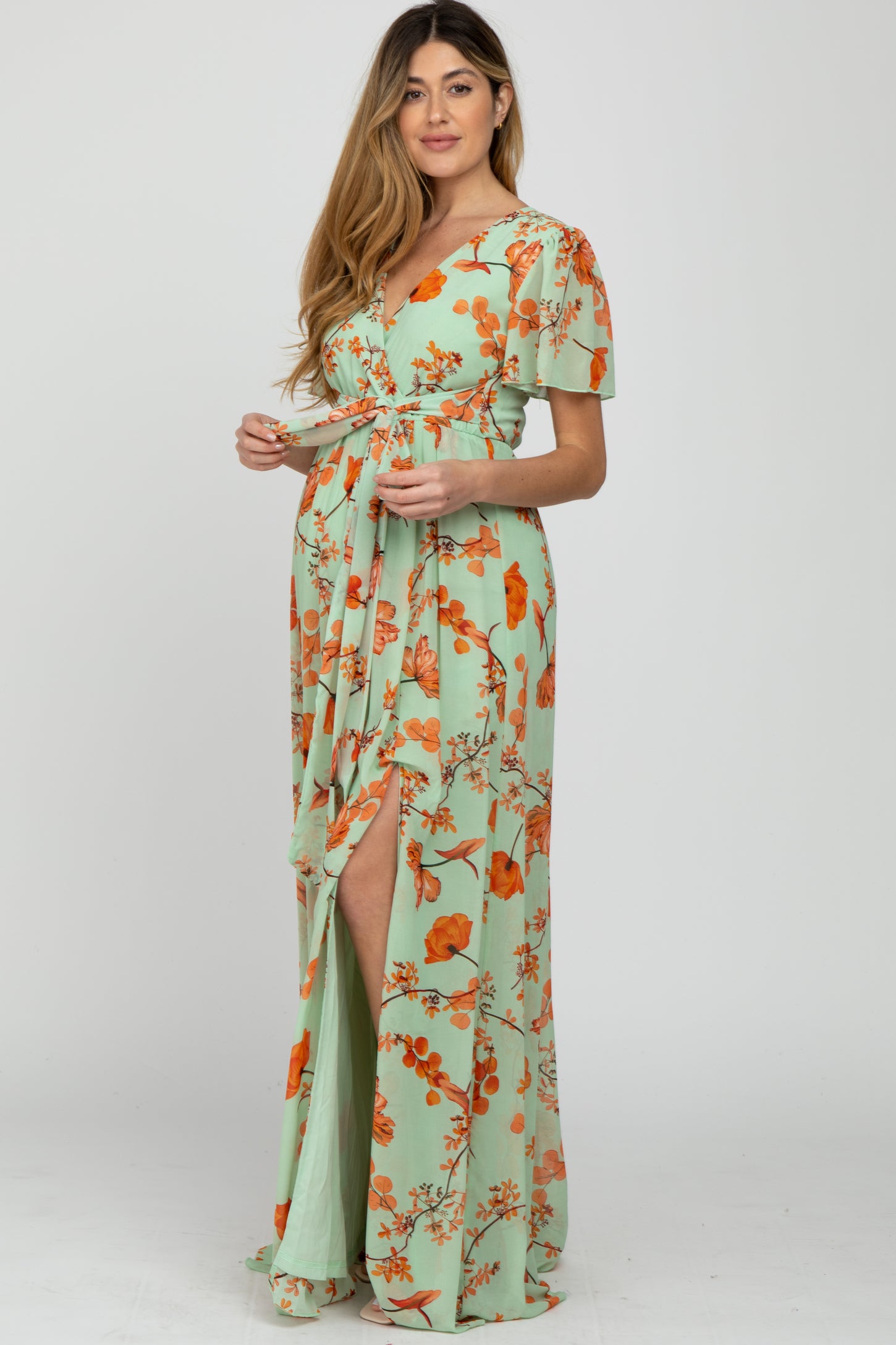 Mint Green Floral Chiffon Side Slit Maternity Maxi Dress– PinkBlush