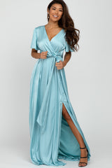 Light Blue Side Slit Satin Maxi Dress