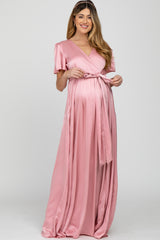 Pink Side Slit Satin Maternity Maxi Dress