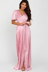 Pink Side Slit Satin Maternity Maxi Dress