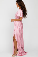 Pink Side Slit Satin Maxi Dress