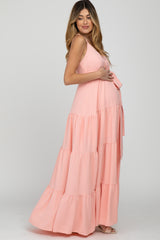 Peach Racerback Tiered Maternity Maxi Dress