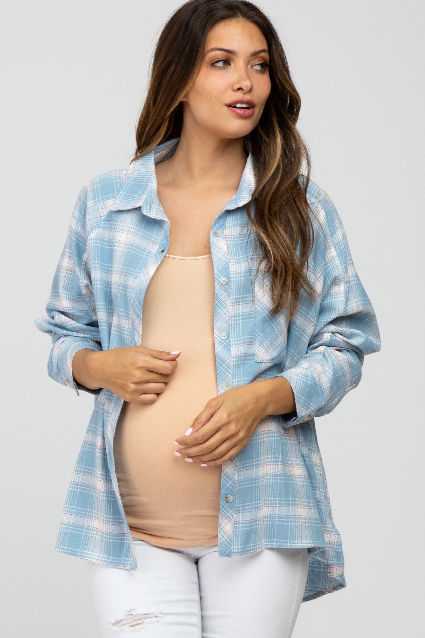 Plaid Long-Sleeve Crop Belly Maternity Top in Blue