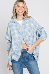 Light Blue Plaid Button Up Hi-Lo Top