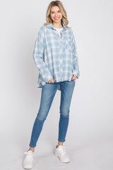 Light Blue Plaid Button Up Hi-Lo Top