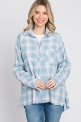 Light Blue Plaid Button Up Hi-Lo Top