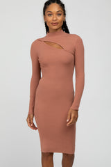 Peach Ribbed Front Cutout Dress