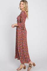 Red Floral Smocked 3/4 Sleeve Maxi Dress