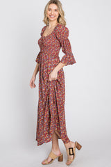 Red Floral Smocked 3/4 Sleeve Maxi Dress