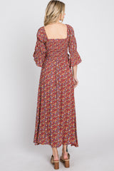 Red Floral Smocked 3/4 Sleeve Maxi Dress