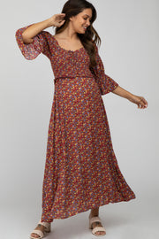 Red Floral Smocked 3/4 Sleeve Maternity Maxi Dress