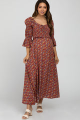 Red Floral Smocked 3/4 Sleeve Maternity Maxi Dress