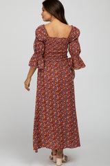 Red Floral Smocked 3/4 Sleeve Maternity Maxi Dress