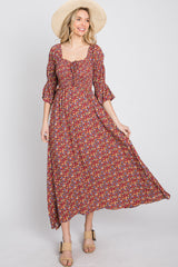 Red Floral Smocked 3/4 Sleeve Maternity Maxi Dress