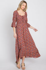 Red Floral Smocked 3/4 Sleeve Maxi Dress