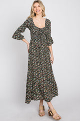 Black Floral Smocked 3/4 Sleeve Maxi Dress