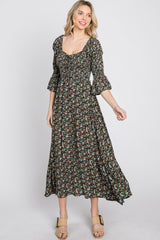 Black Floral Smocked 3/4 Sleeve Maxi Dress