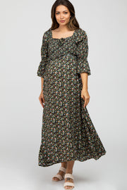 Black Floral Smocked 3/4 Sleeve Maternity Maxi Dress