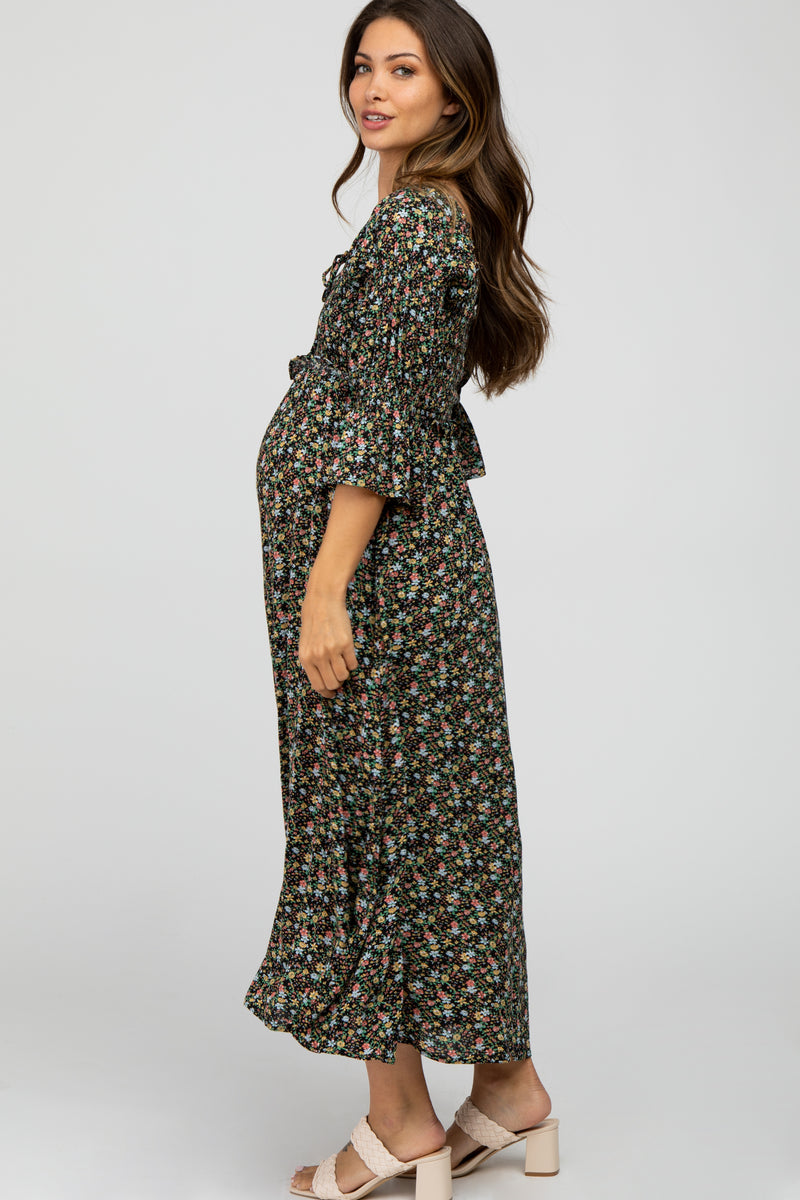 Black Floral Smocked 3/4 Sleeve Maternity Maxi Dress – PinkBlush