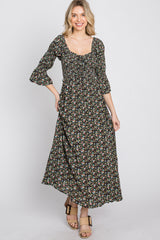 Black Floral Smocked 3/4 Sleeve Maxi Dress