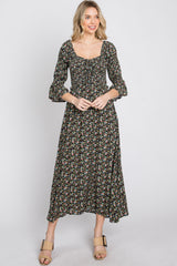 Black Floral Smocked 3/4 Sleeve Maxi Dress