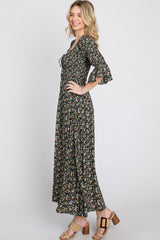 Black Floral Smocked 3/4 Sleeve Maxi Dress