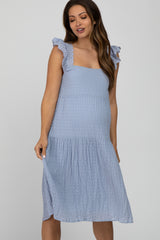 Blue Eyelet Lace Tiered Smocked Maternity Dress